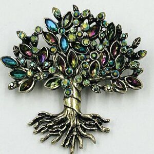 TREE OF LIFE BROOCH RHINESTONE CRYSTAL GLASS MULTICOLORED STONES GOLDTONE METAL